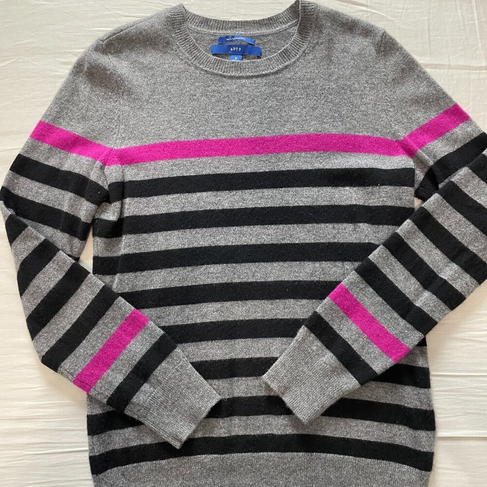 Apt 9 100% Cashmere sweater, gray w/blk and pink stripe, size M